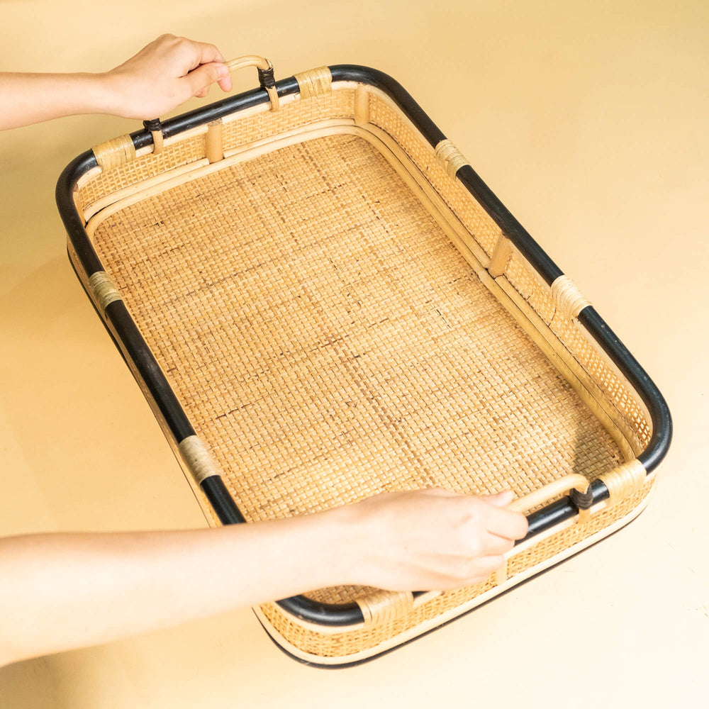 Coco Serving Rattan Tray - Medium | Serving Rattan Tray | Natural and Black | MOMIJI