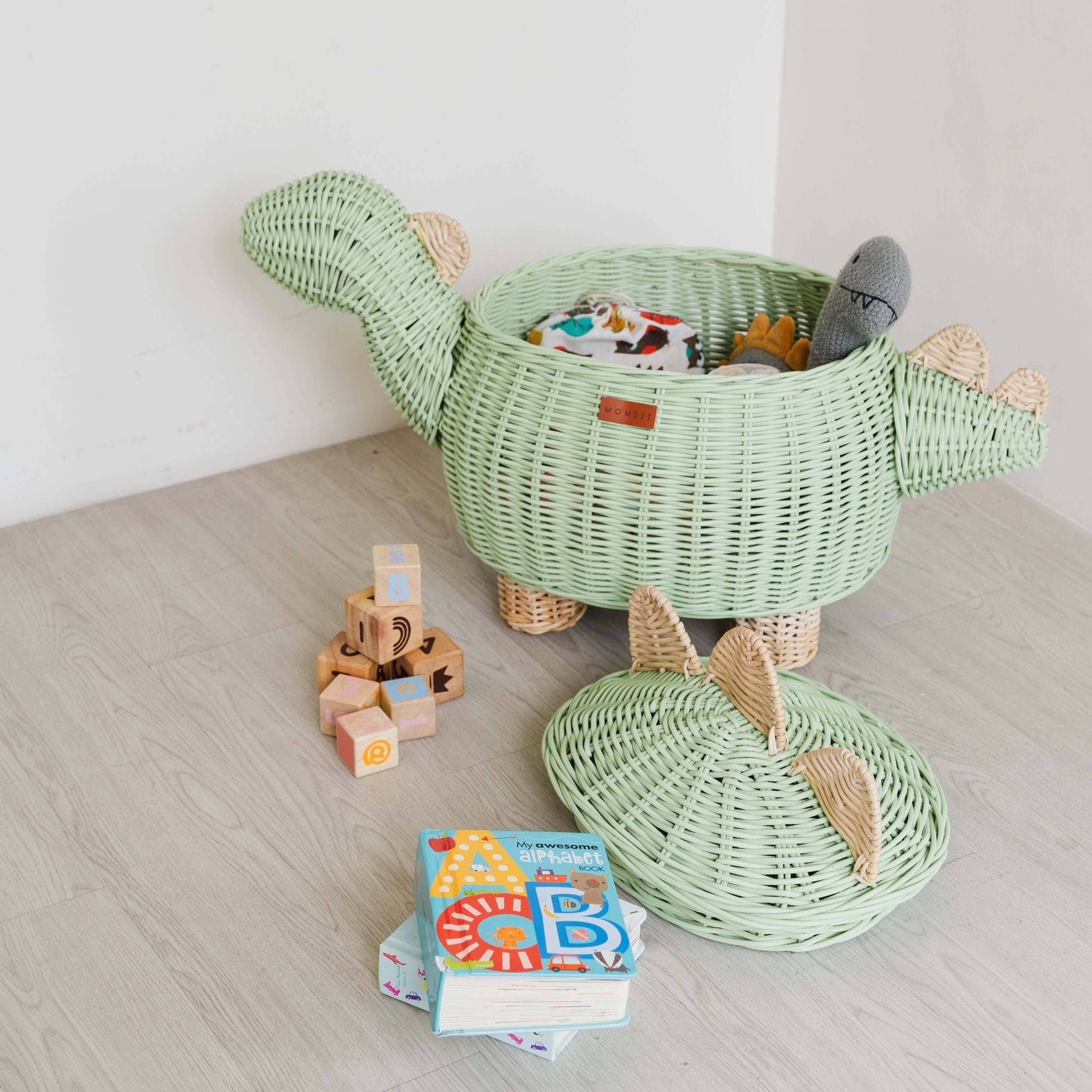 Dinosaur Rattan Storage Basket | Mint Green | Large | MOMIJI