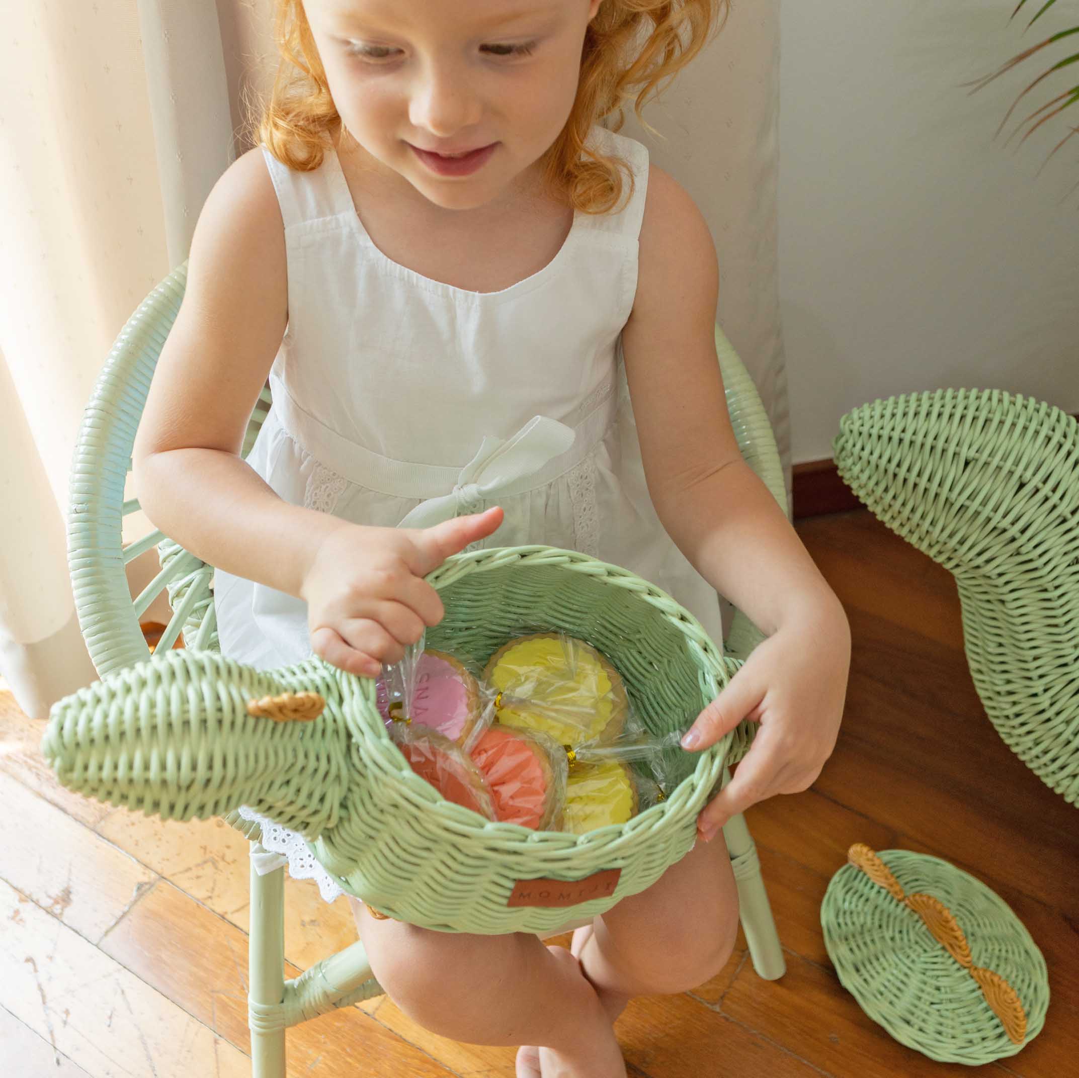 Child holding a Dinosaur Rattan Storage Basket Small by MOMIJI with snacks inside the rattan basket.