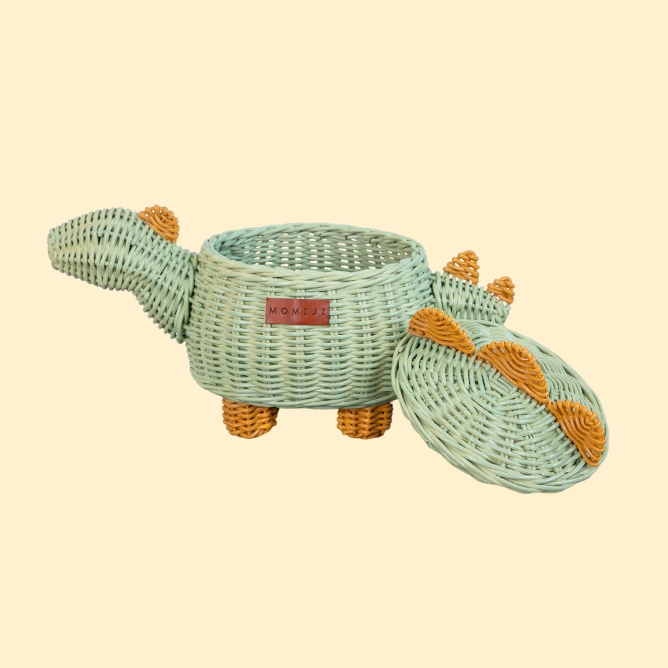 Tilted side view of mint green dinosaur rattan storage basket in small size by MOMIJI with lid leaning beside the rattan basket.