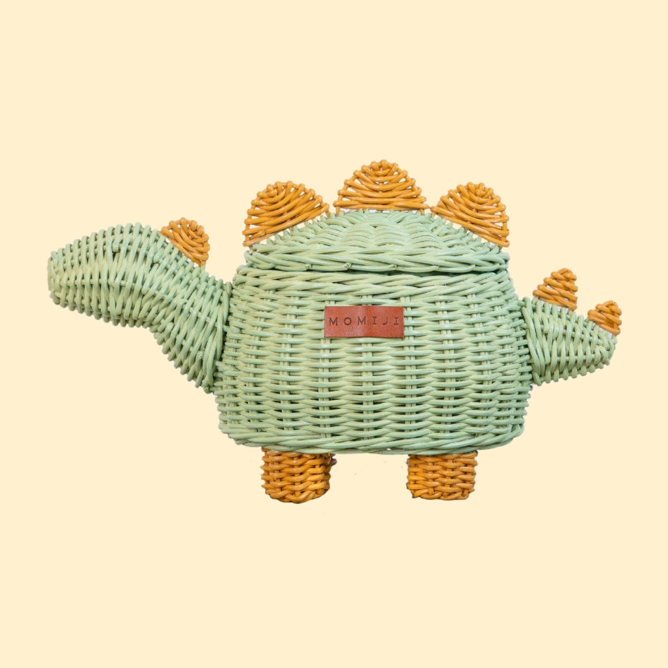 Side view of the mint green dinosaur rattan storage basket (small), with closed lid and spine detail by MOMIJI