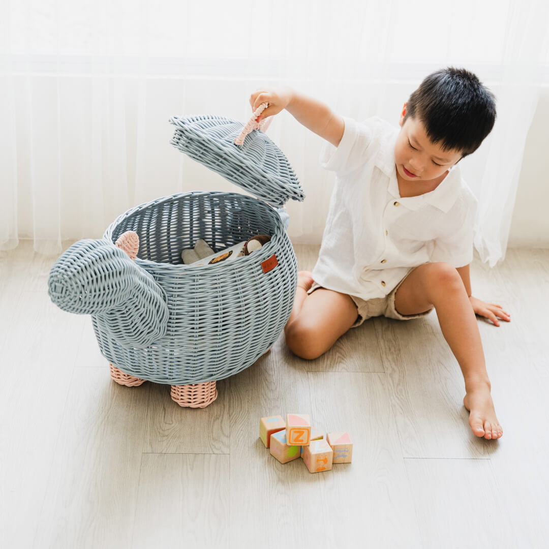 Child playing with a pastel blue and pink dinosaur rattan storage basket by MOMIJI.