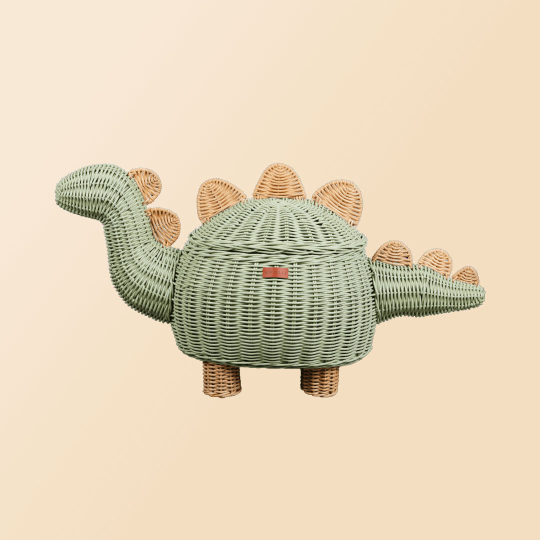 Side view of the Mint Green Dinosaur Storage Rattan Basket by MOMIJI.