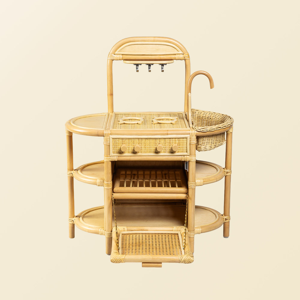 Front view of the Dreamer Play Kitchen by MOMIJI with the oven door open, showing the interior.