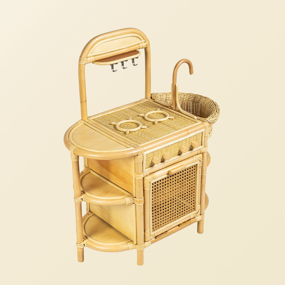 Top view of the Dreamer Play Kitchen by MOMIJI showing the stove and side surfaces.