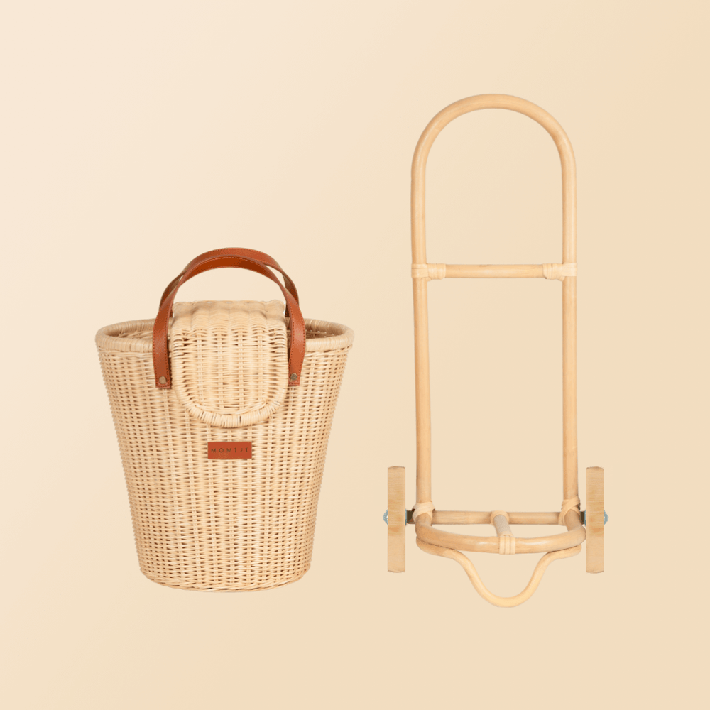 Front view of the Eric Kids Shopping Trolley by MOMIJI with its detachable shopping bag placed separately.