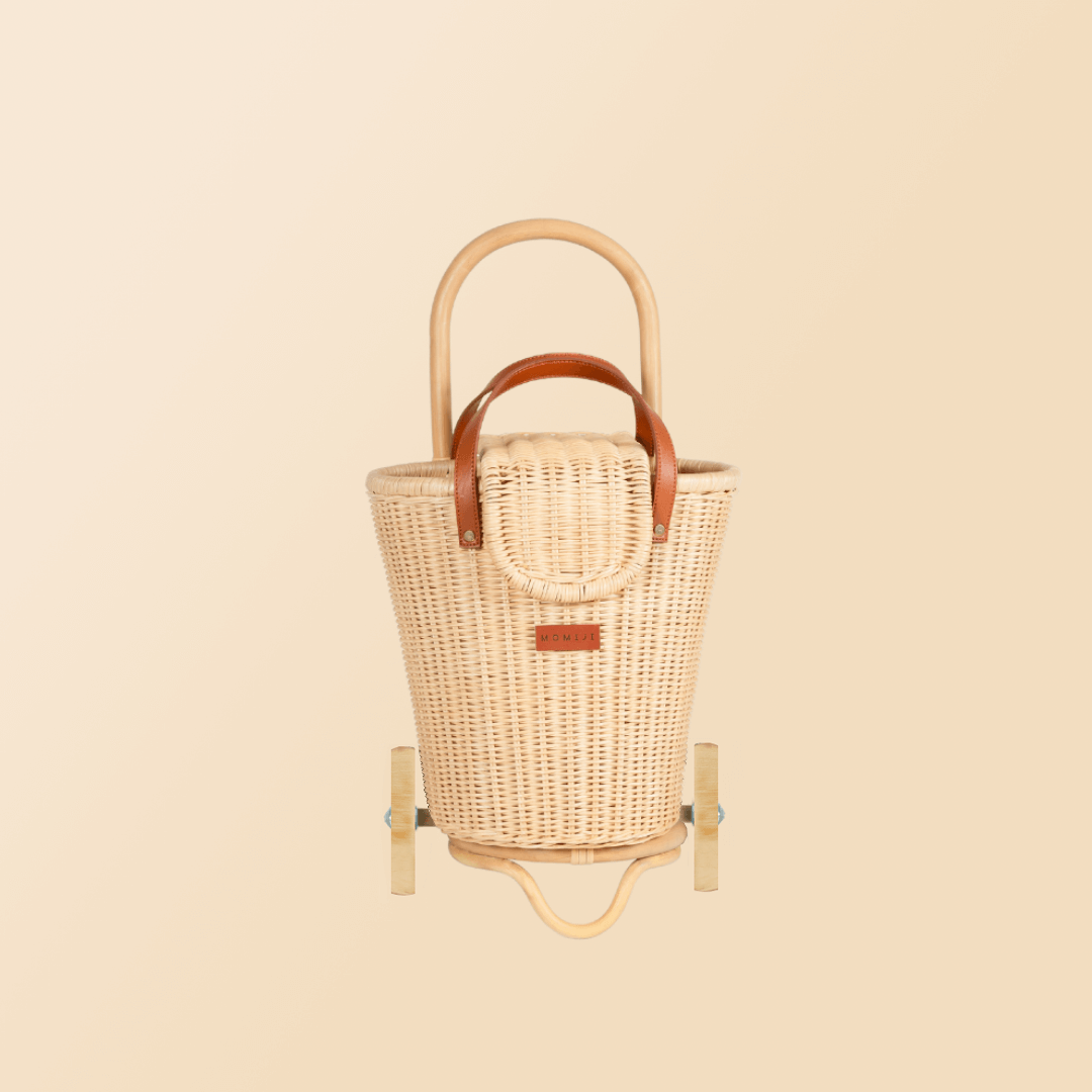 Front view of the Eric Kids Shopping Trolley by MOMIJI, showing its structure and attached shopping bag.