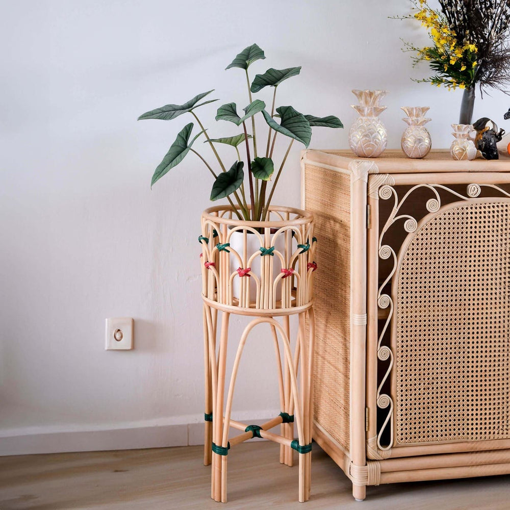 Side view of the handcrafted rattan wicker Fern Storage Cabinet by MOMIJI styled with a rattan plant stand indoors.