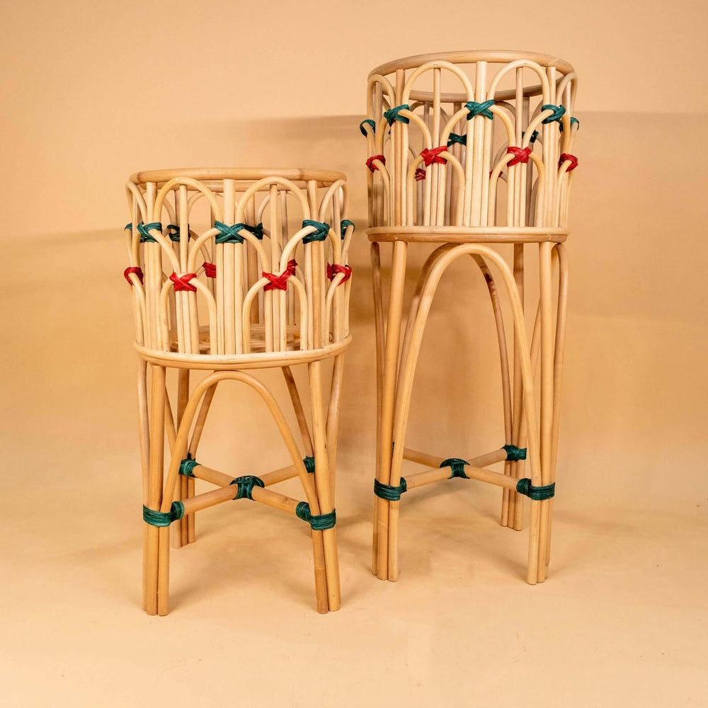 Front view of the Iris Planter by MOMIJI showing its woven planter stand design.