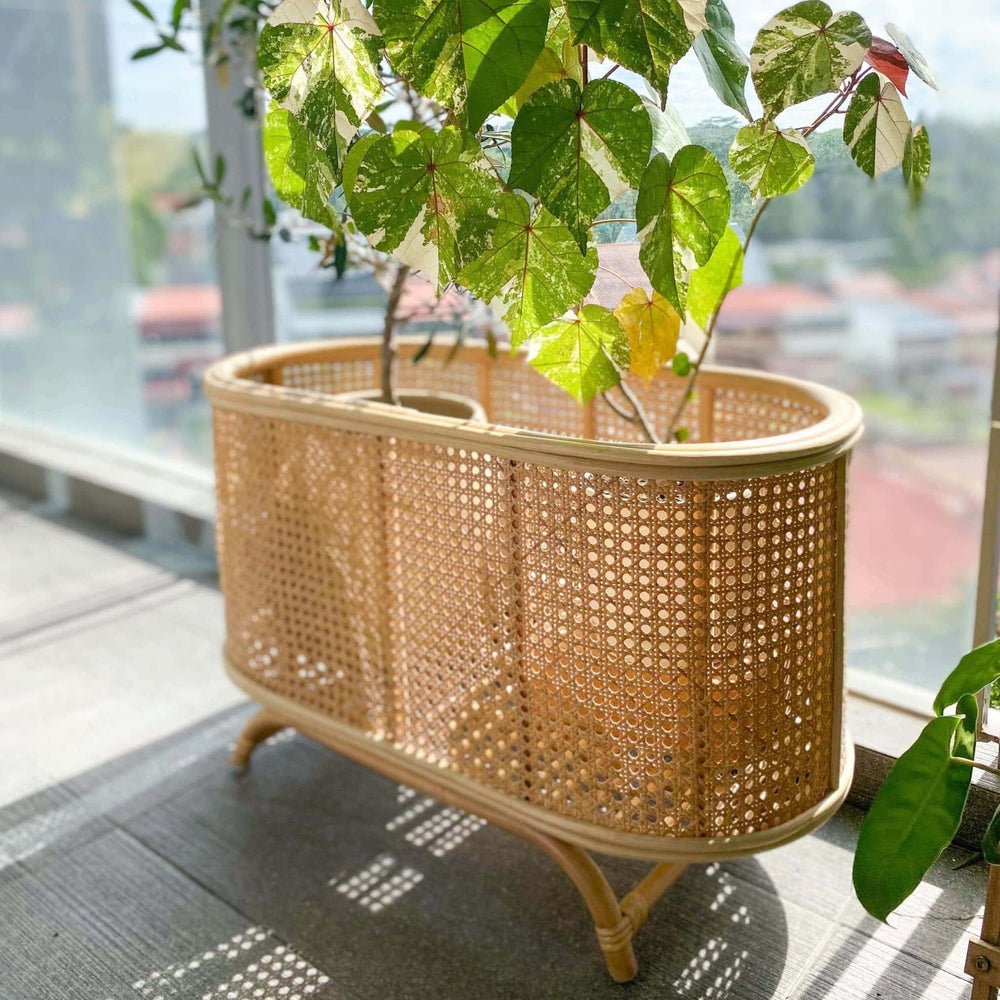 Angled view of the Isle Wicker Plant Stand by MOMIJI holding a potted plant on a balcony.