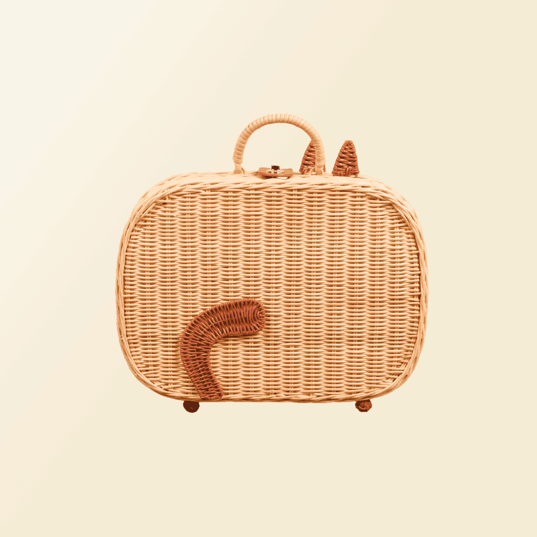 Back view of the handcrafted rattan wicker Kitty Kids Suitcase by MOMIJI, showing the cat tail detail.