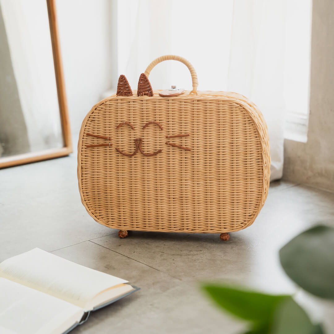 Front view of the handcrafted ratan wicker Kitty Kids Suitcase by MOMIJI placed on the floor with books and a mirror in the background.