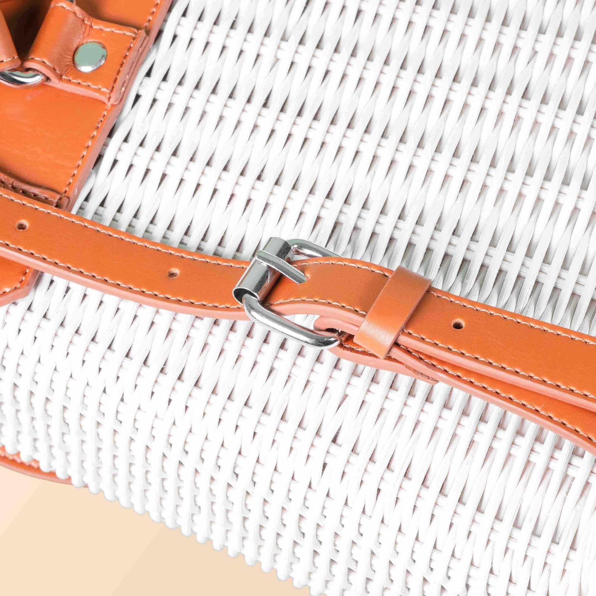 Close-up of the adjustable strap mechanism on the handcrafted rattan Layla Backpack by MOMIJI.