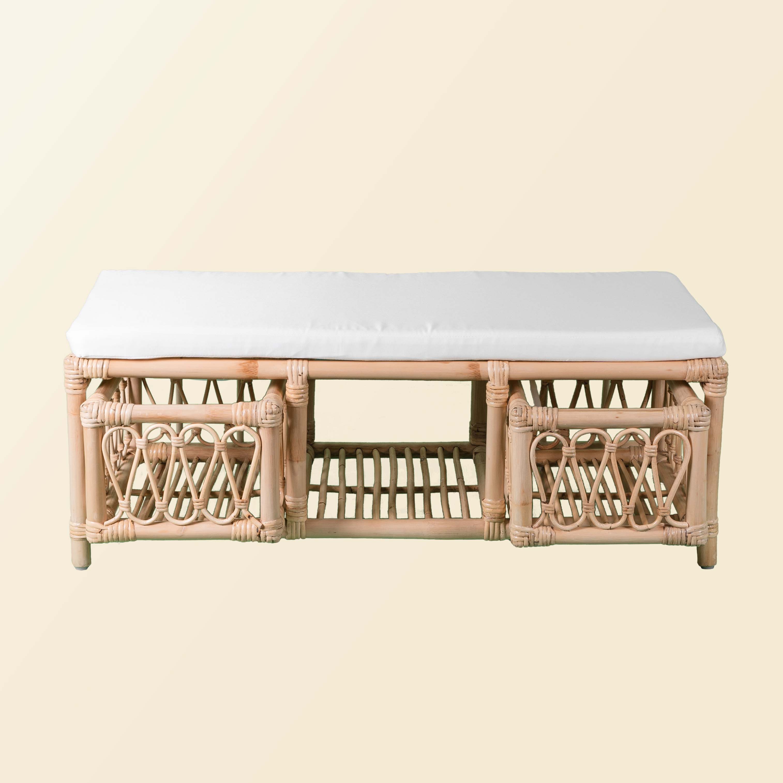 Front view of the Luke Kids Bench by MOMIJI with both side shelves opened.