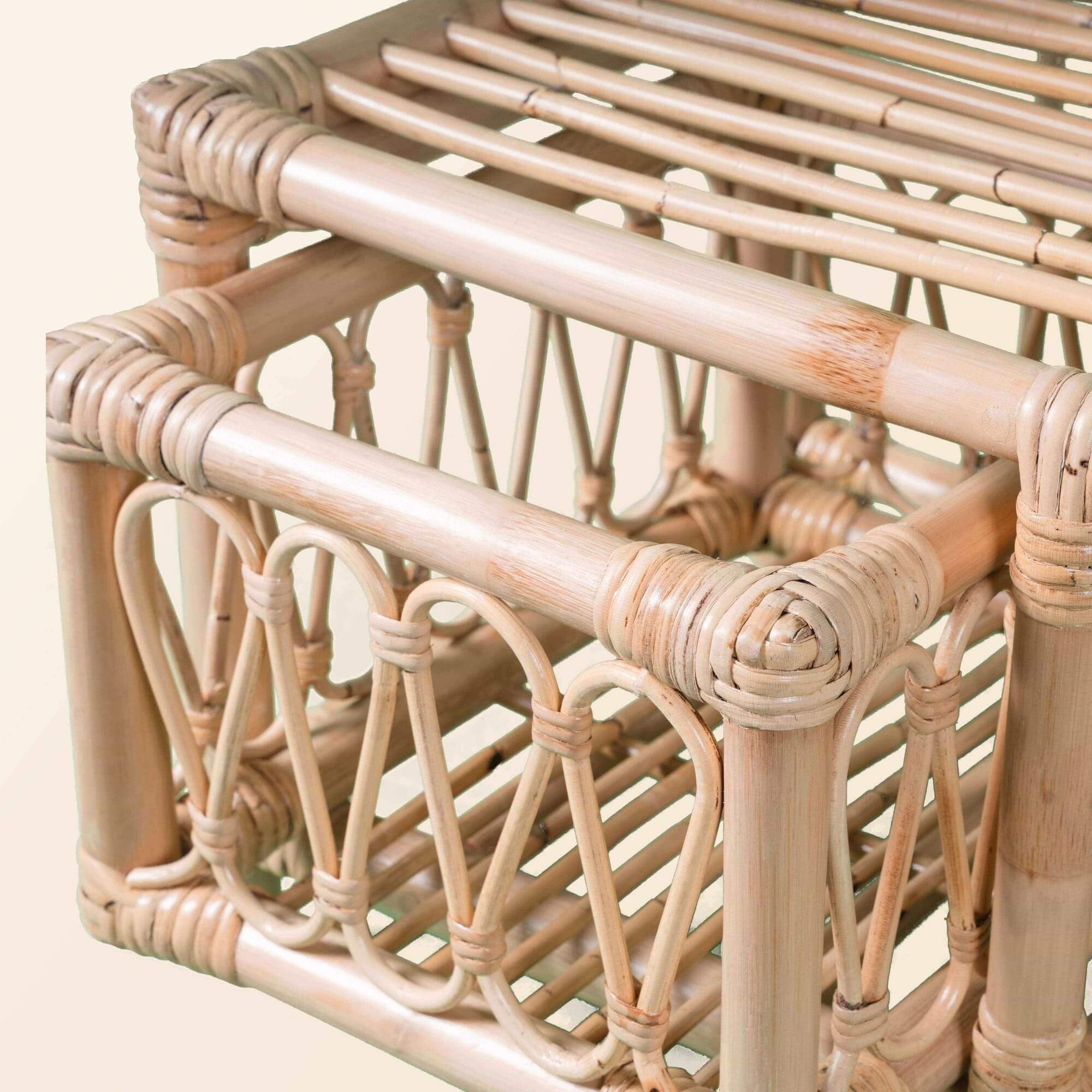 Close-up of the shelf detail of the Luke Kids Bench by MOMIJI with the bench drawer removed, showing the open storage structure.