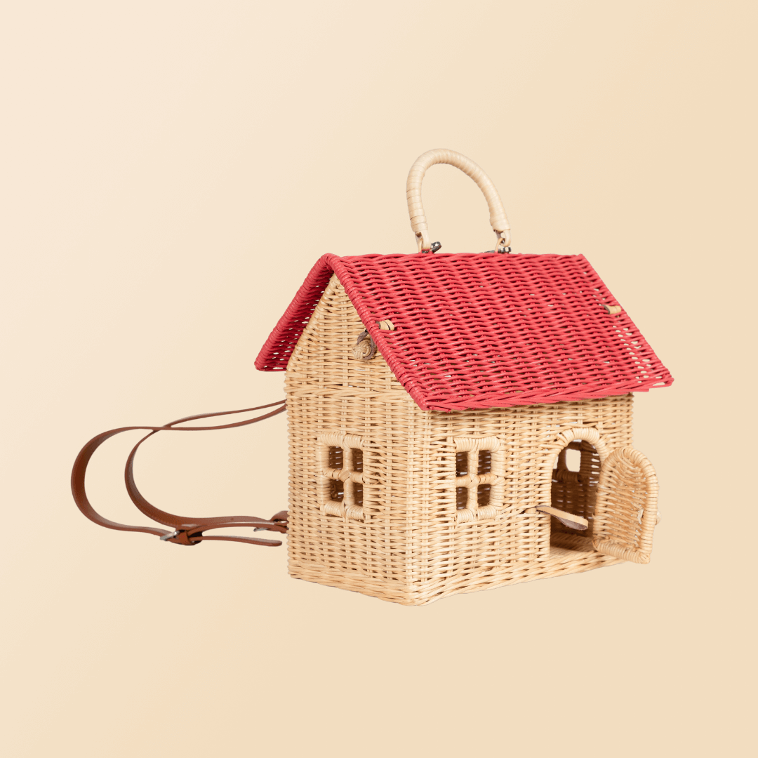 Angled view of the Lydia House Bag by MOMIJI with its front door open.