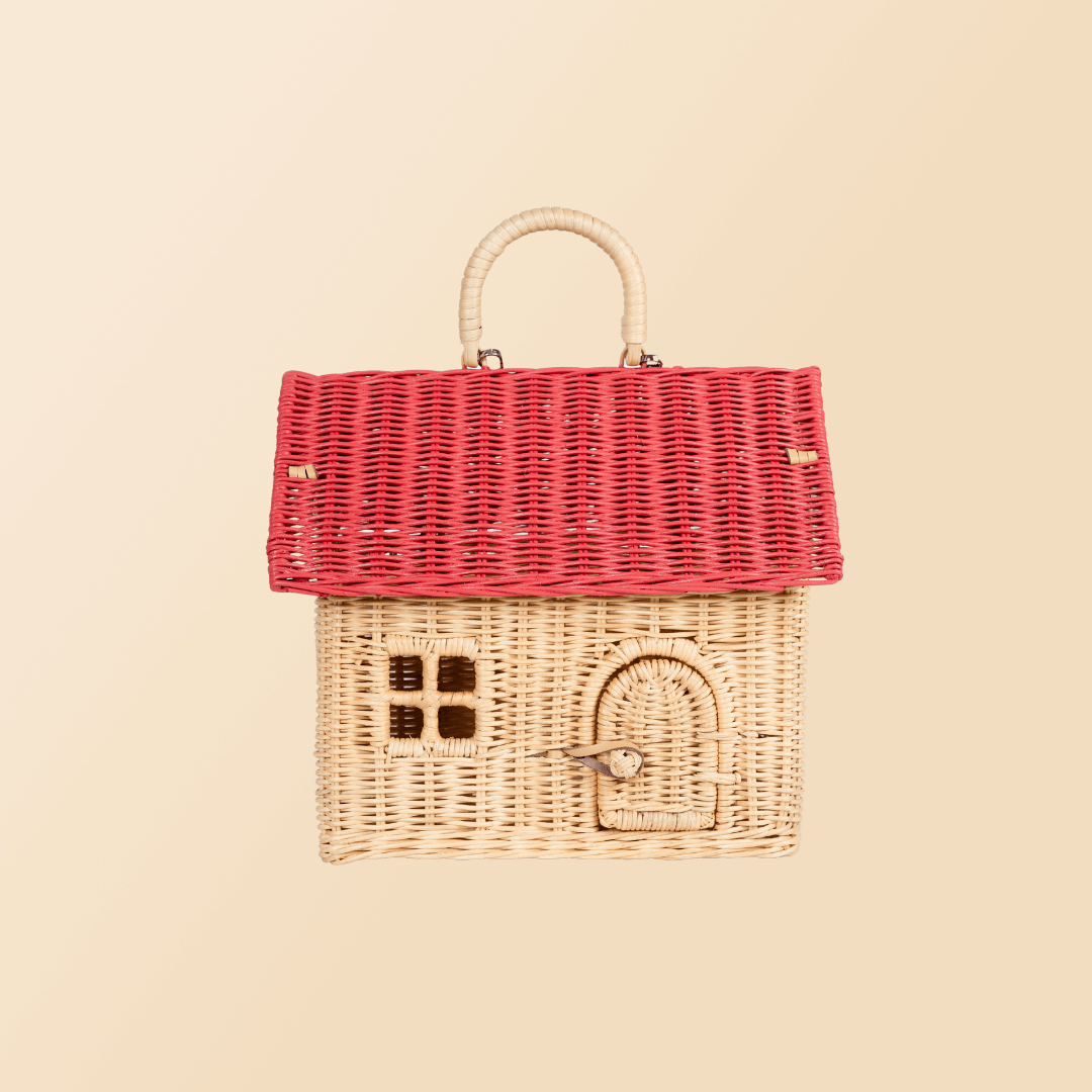 Front view of the Lydia House Bag by MOMIJI, featuring its house-shaped woven design.