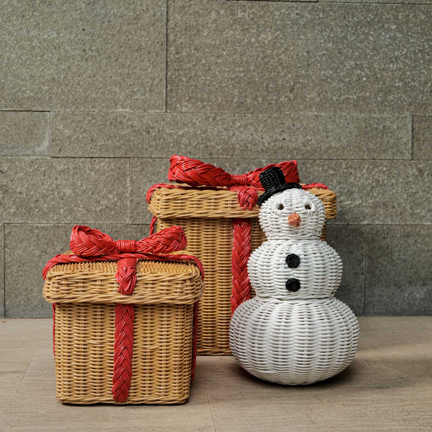 Snowman 3 Tier Rattan Basket with small and large rattan basket gift boxes by MOMIJI.