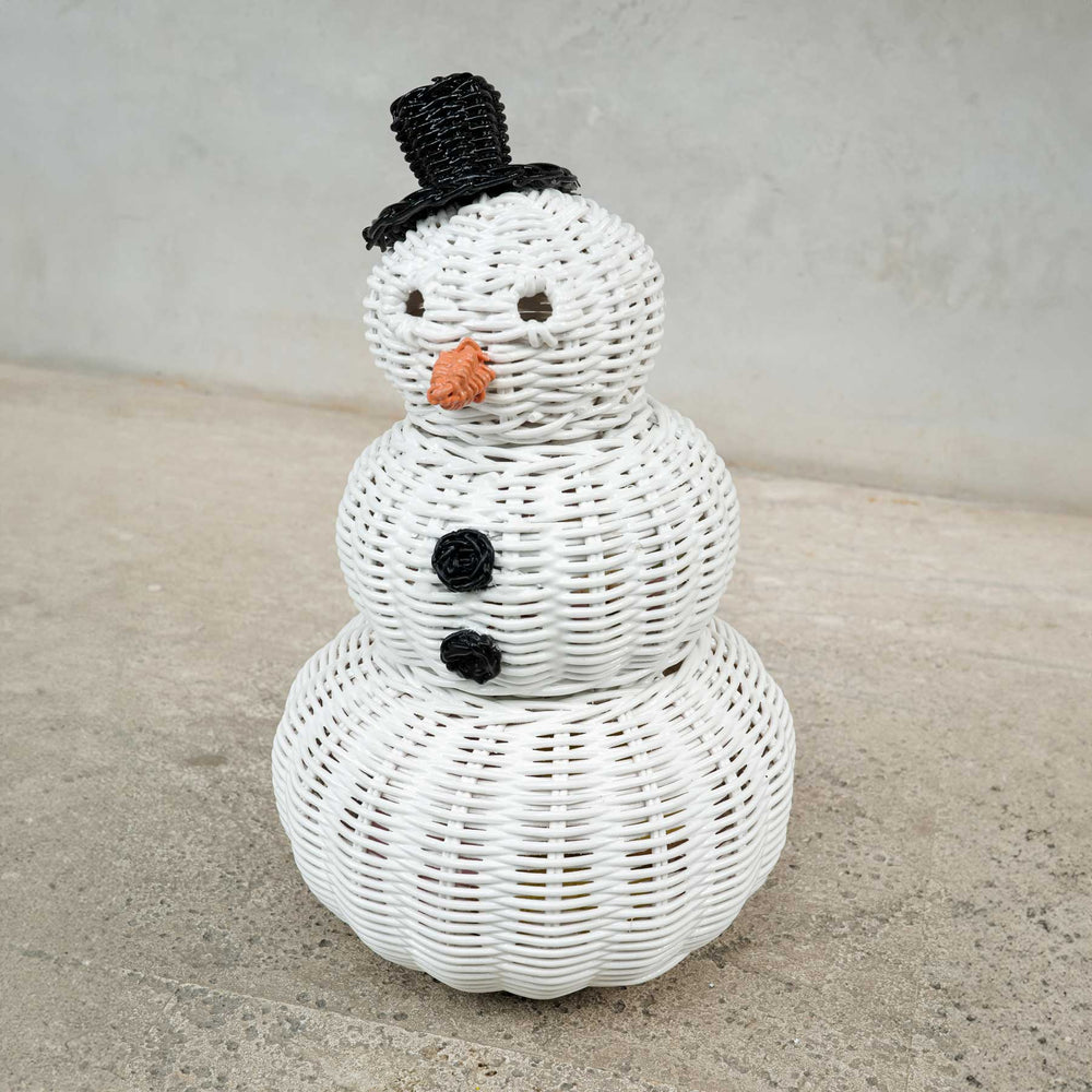 Close up view snowman 3 tier rattan storage basket.