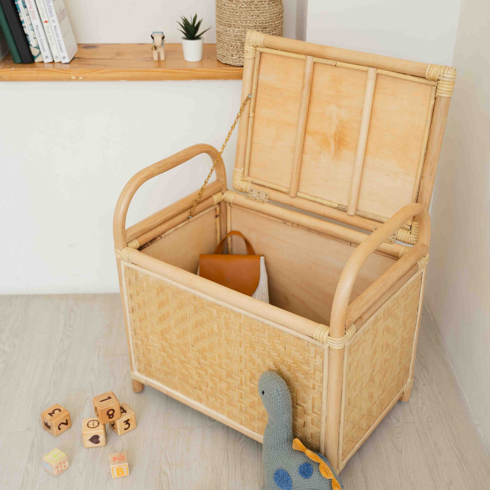 Angled top view of the Mia Storage Bench by MOMIJI opened to reveal interior toy storage.
