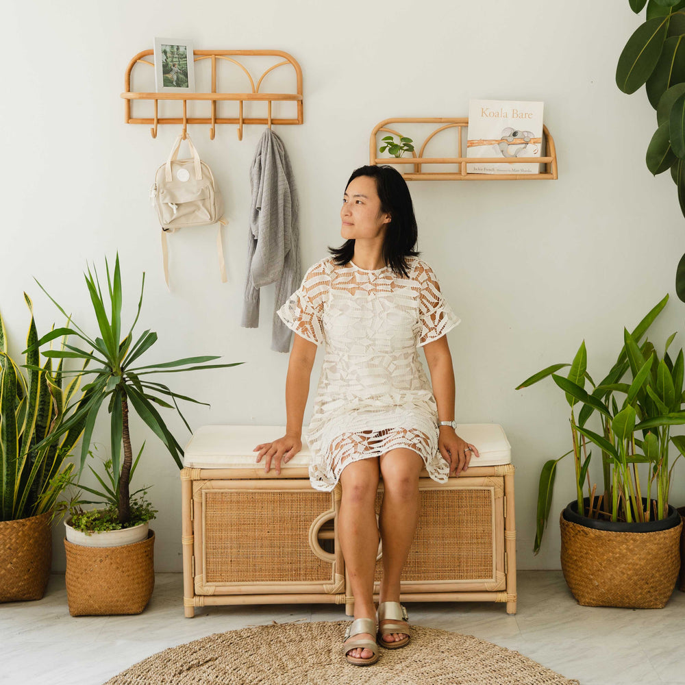 Palma Rattan Shoe Cabinet | Entryway Shoe Storage Bench​ | Lady Sitting on Bench | MOMIJI