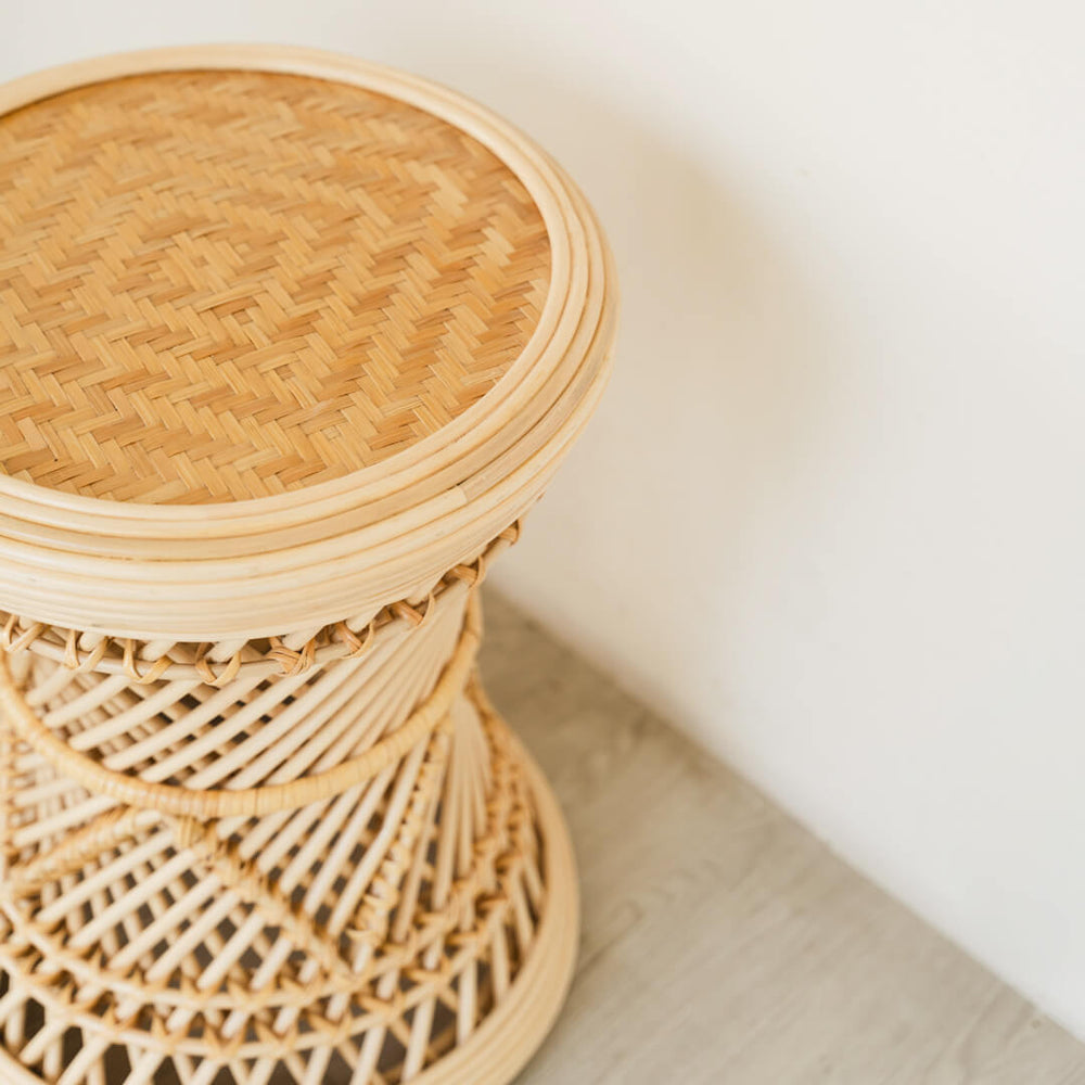 Close-up of the woven seat detail of the Palawan Stool by MOMIJI.