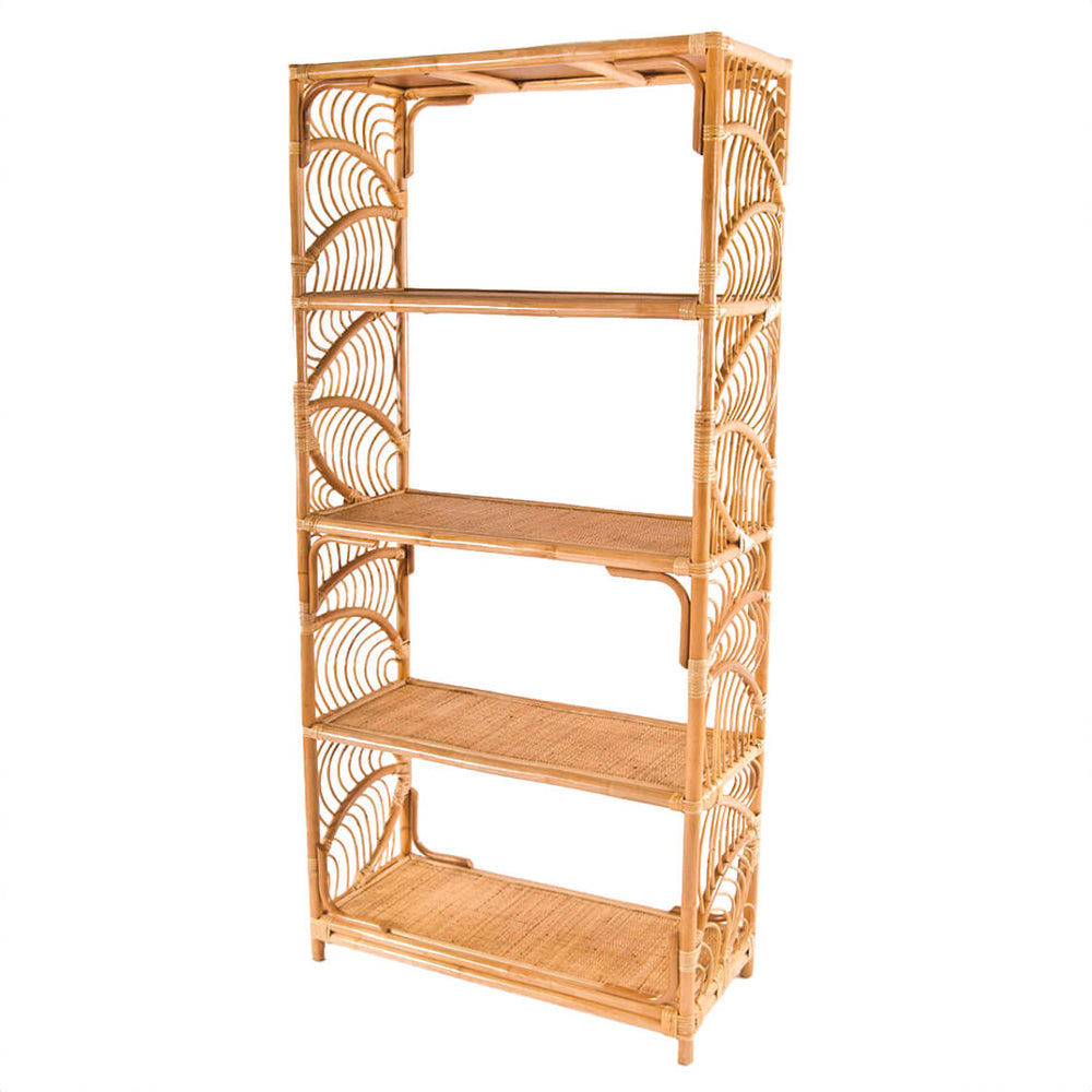Angled view of the handcrafted rattan wicker Palm Bookcase by MOMIJI, highlighting its four-tier shelf design, woven side details, and solid rattan frame.
