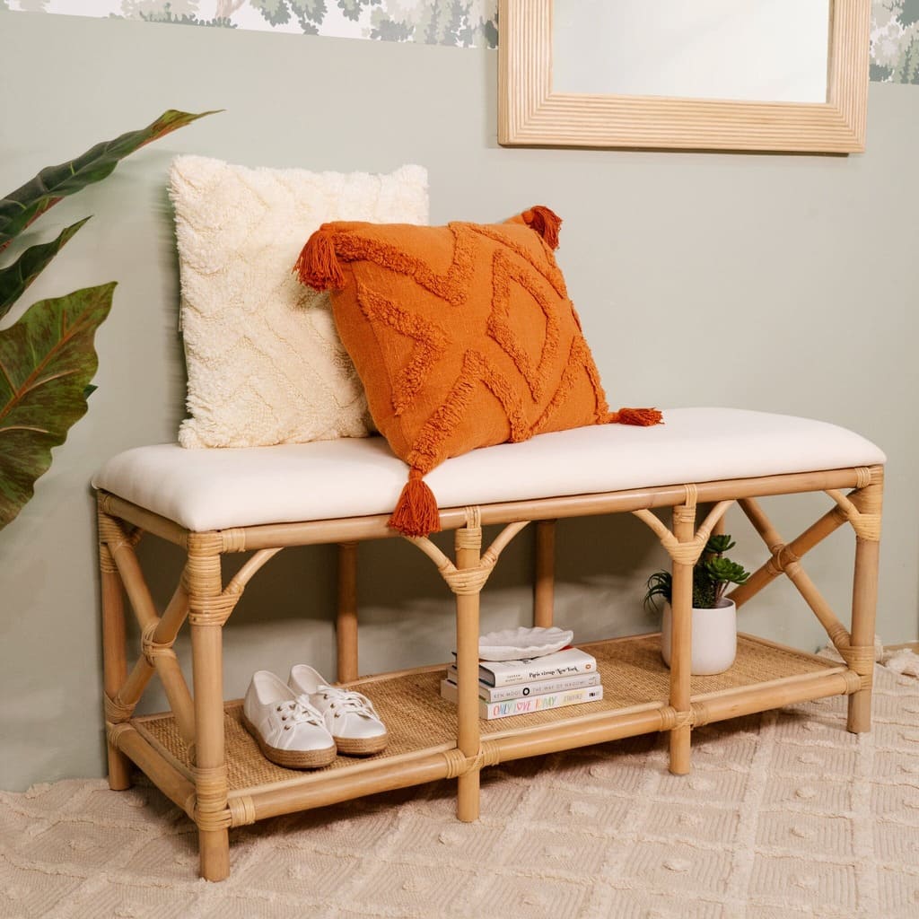 Palma Bench by MOMIJI styled as an entryway shoe storage bench with a cushion on top.