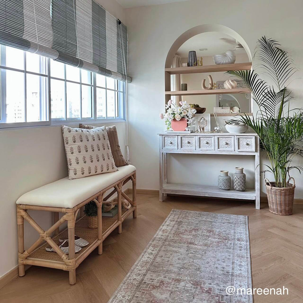 Palma Bench by MOMIJI styled in a living room with a console table and decorative items.