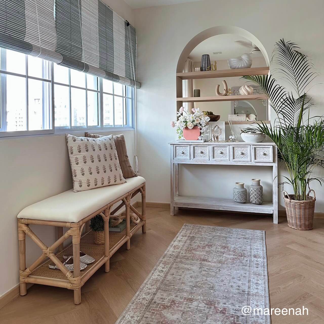 Palma Bench by MOMIJI styled in a living room with a console table and decorative items.