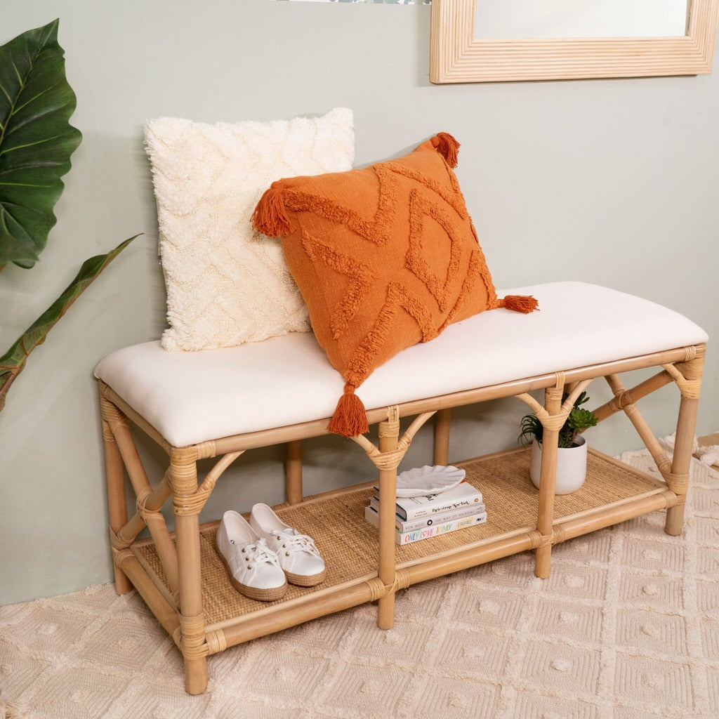 Palma Bench by MOMIJI used as an entryway shoe storage bench with a cushioned seat.