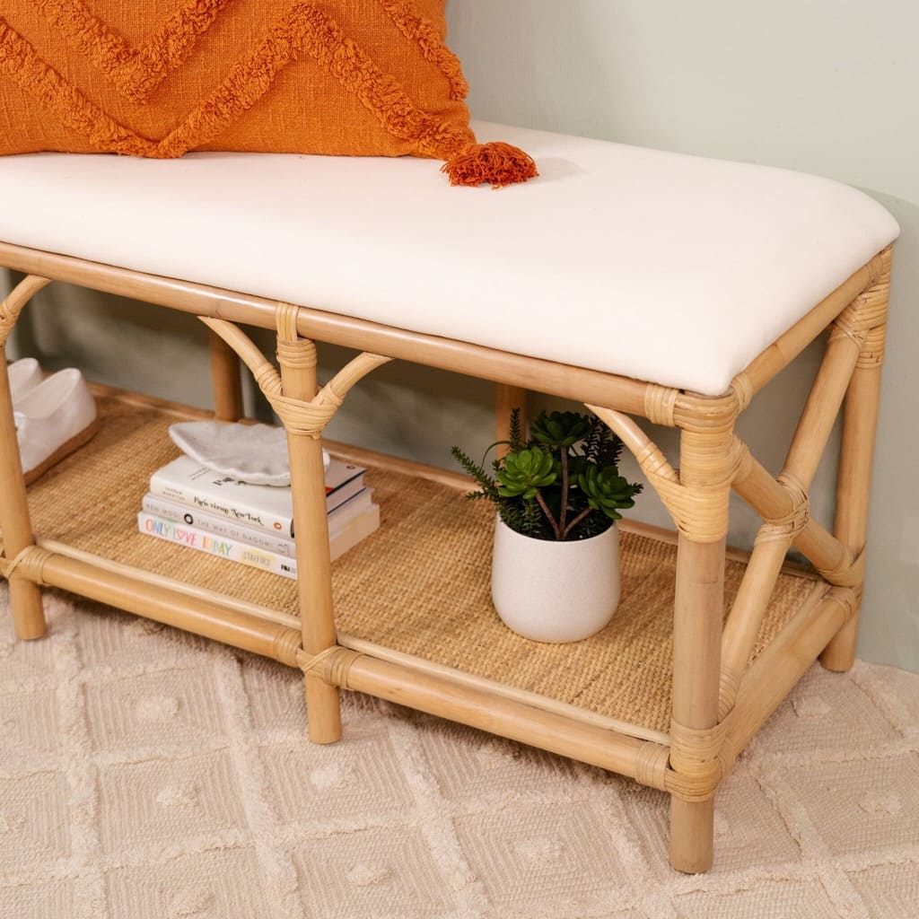 Close-up of the side detail of the Palma Bench by MOMIJI use a storage.