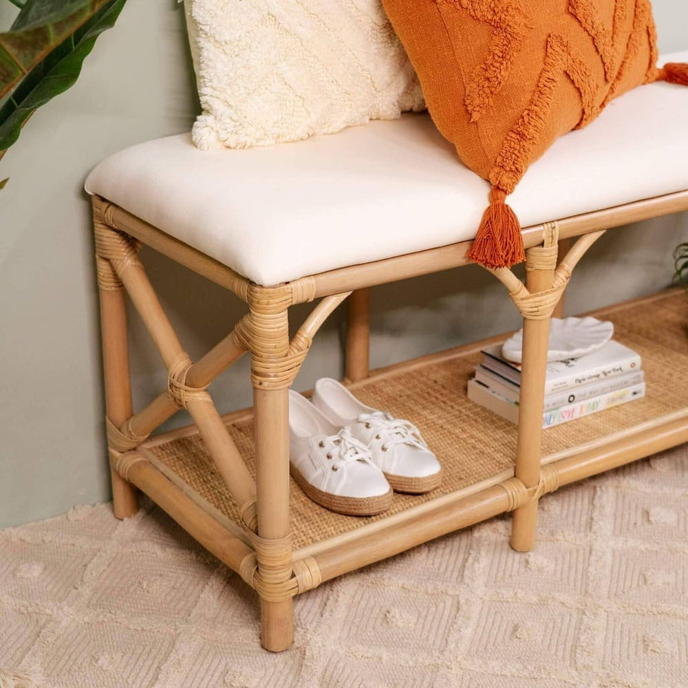 Close-up of the side detail of the Palma Bench by MOMIJI use an entryway shoes and storage.