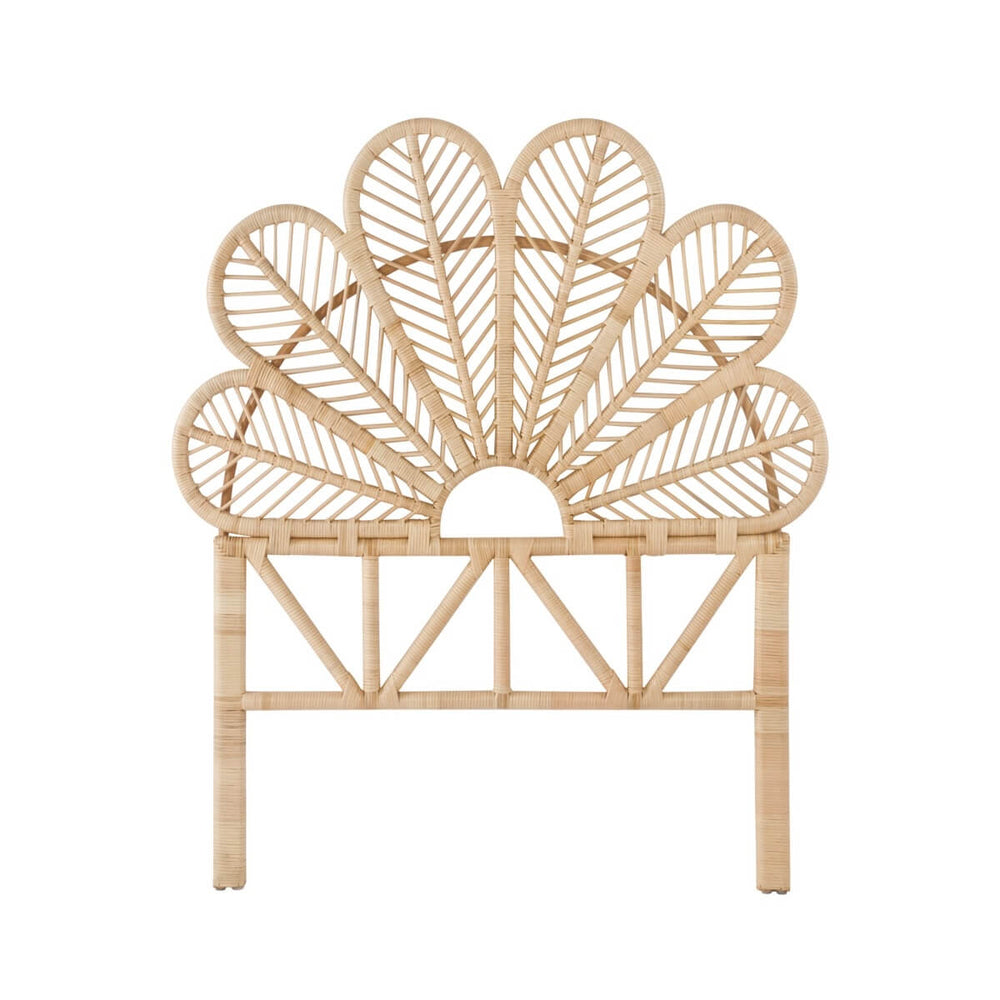 Front view of the Petal Headboard by MOMIJI sized for a kids’ bed, highlighting the detailed hand-carved rattan support legs designed for strength and stability.