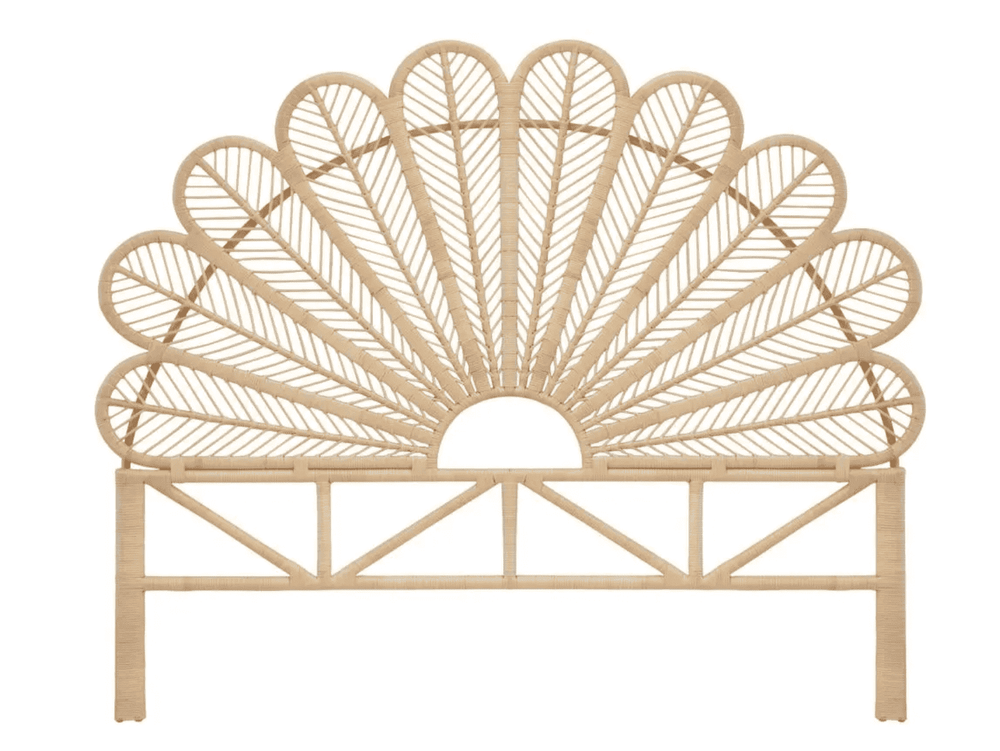 Front view of the king-size Petal Headboard by MOMIJI, highlighting the detailed handcarved rattan support legs designed for strength and stability.