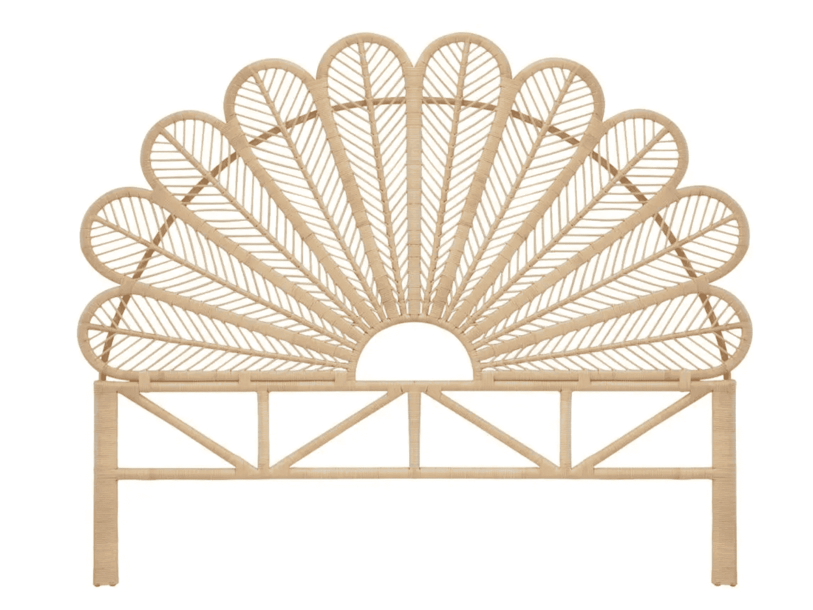 Front view of the king-size Petal Headboard by MOMIJI, highlighting the detailed handcarved rattan support legs designed for strength and stability.