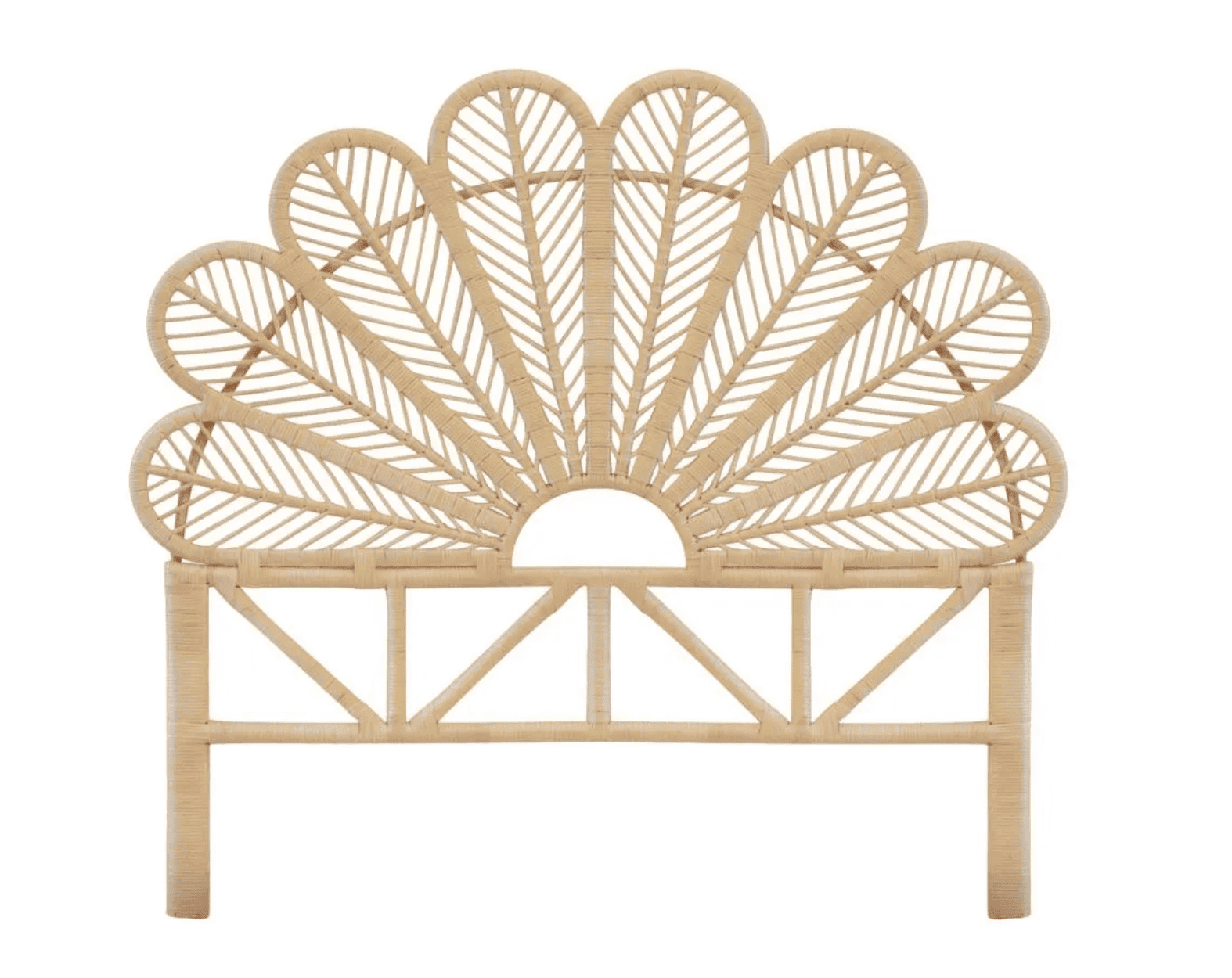 Front view of the queen-size Petal Headboard by MOMIJI, highlighting the detailed hand-carved rattan support legs designed for strength and stability.