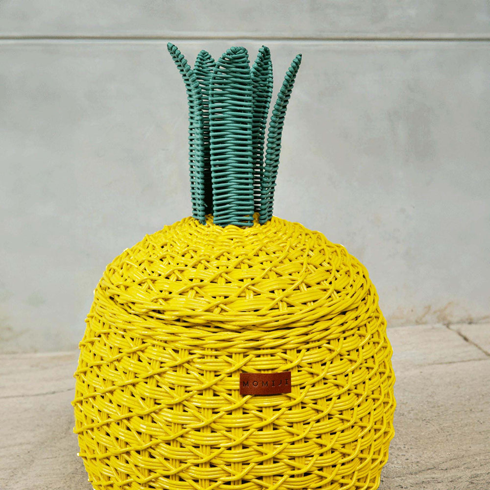 Top lid shot of the yellow Pineapple Rattan Storage Basket in medium size by MOMIJI.