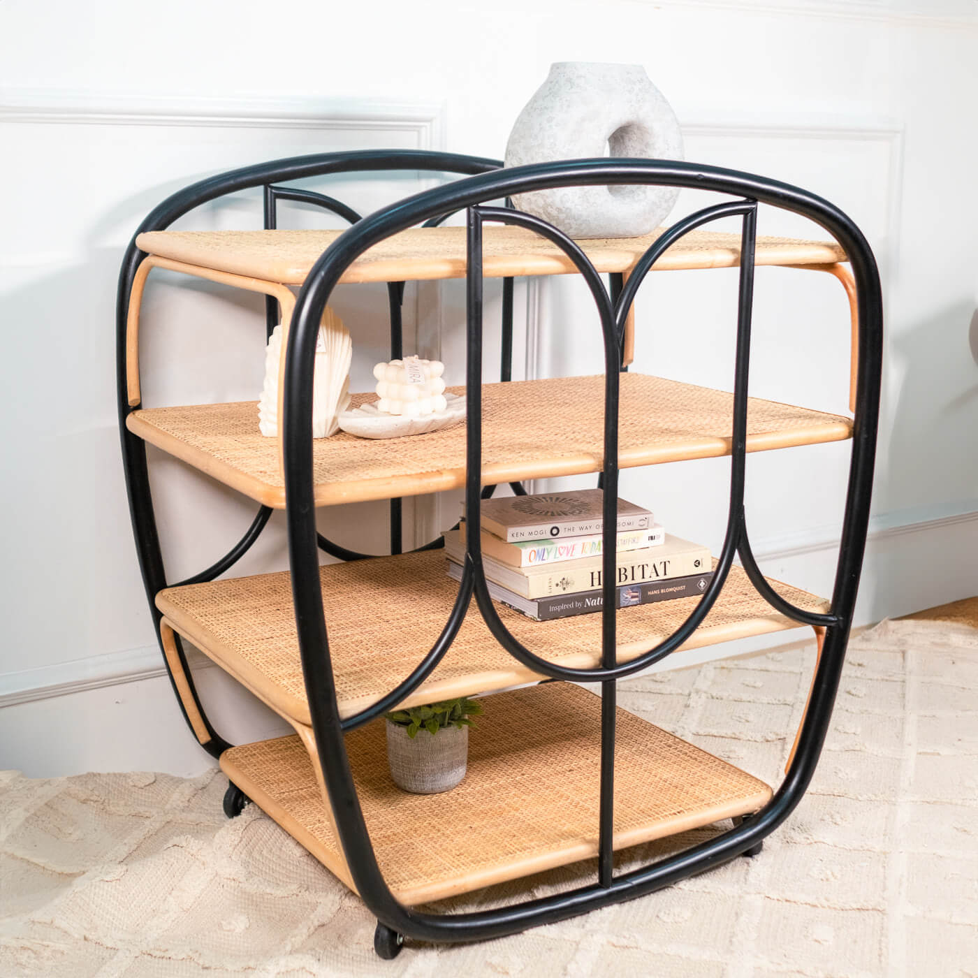 Angled view of the Posy Bar Cart by MOMIJI styled in an indoor setting.