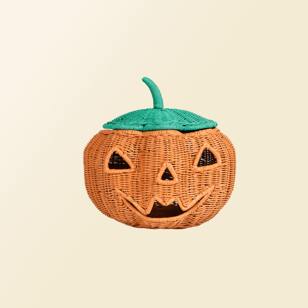 Front view of Pumpkin Face Rattan Basket by MOMIJI.