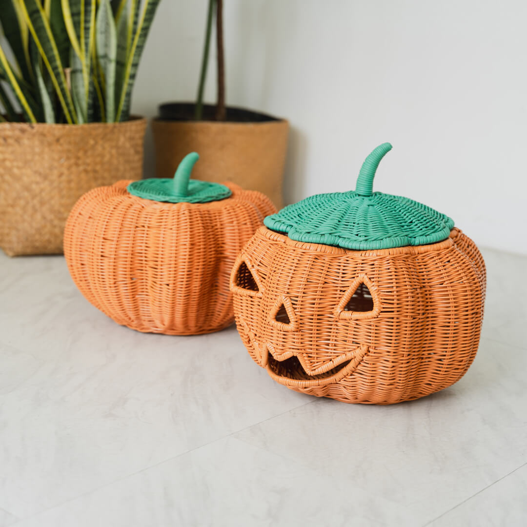 Side view of Pumpkin Face Rattan Basket by MOMIJI.