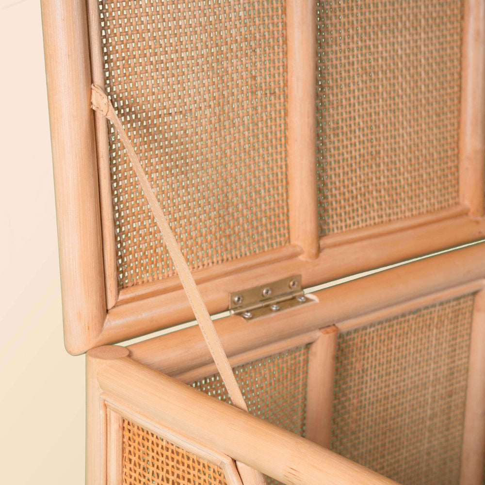 Close-up of the support detail that holds the lid open on the Quentin Trunk by MOMIJI.