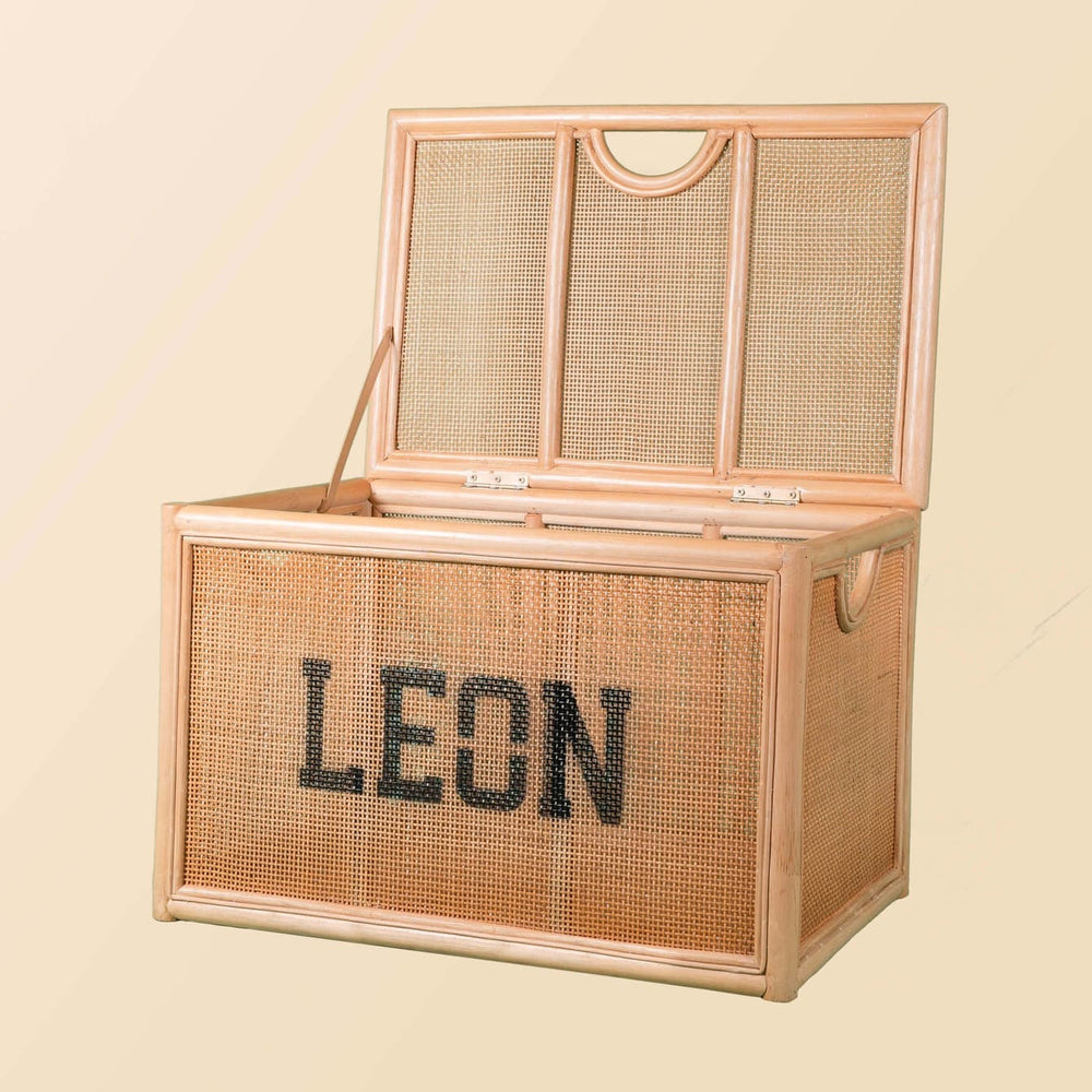 Angled view of the Quentin Trunk by MOMIJI with the lid open.