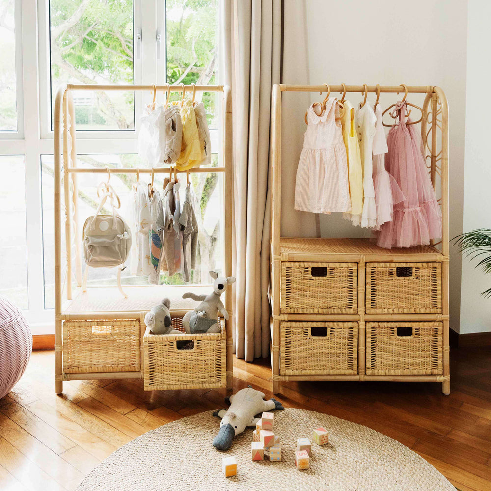 Rattan Clothing Racks | Belle Kids Clothing Rack with 2 and 4 Drawers | Clothes in Rattan Hangers in Rack | MOMIJI