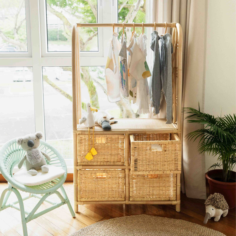 Rattan Clothing Rack | Belle Kids Clothing Rack with 4 Drawers | Clothes in Rattan Hangers in Rack | MOMIJI