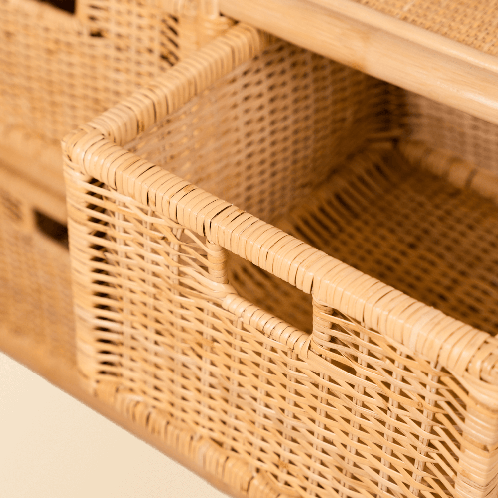 Rattan Clothing Rack | Belle Kids Clothing Rack with 4 Rattan Drawers | Close up View of Drawers | MOMIJI