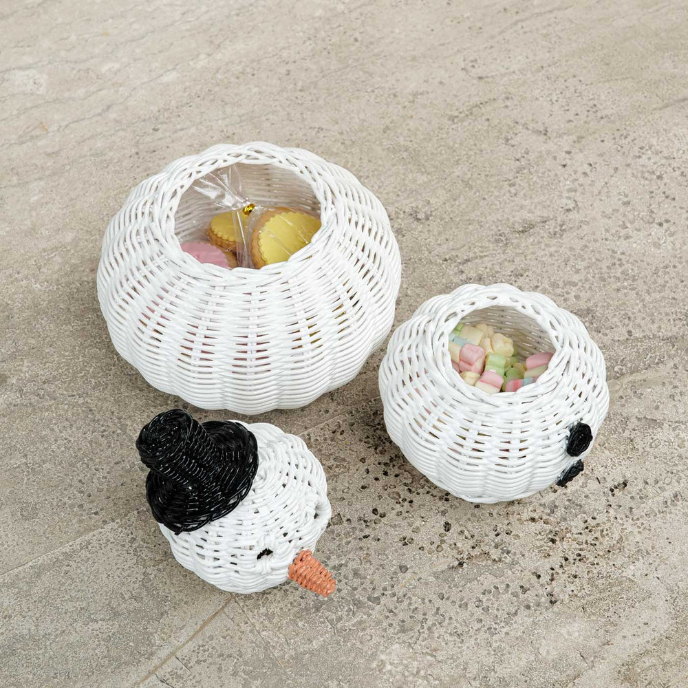 Snowman 3 Tier Rattan Storage Basket with Snacks and Marshmallows inside.