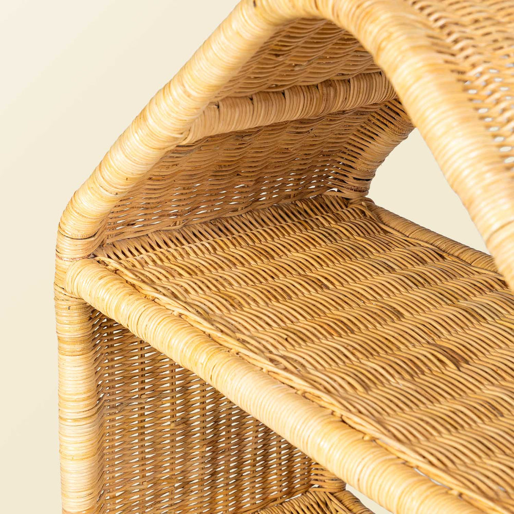 Close-up of the handcrafted rattan wicker Alaya house shelf by MOMIJI, highlighting the tightly woven rattan construction designed for durability and stability.