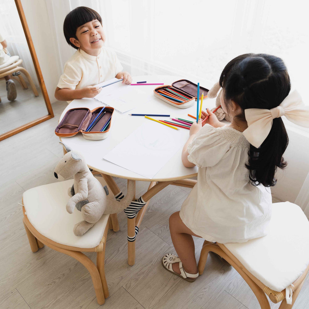 Rattan Table and Chairs​ | Aulia Kids Rattan Table with 4 Rattan Stools Set | Kids Drawing | MOMIJI 