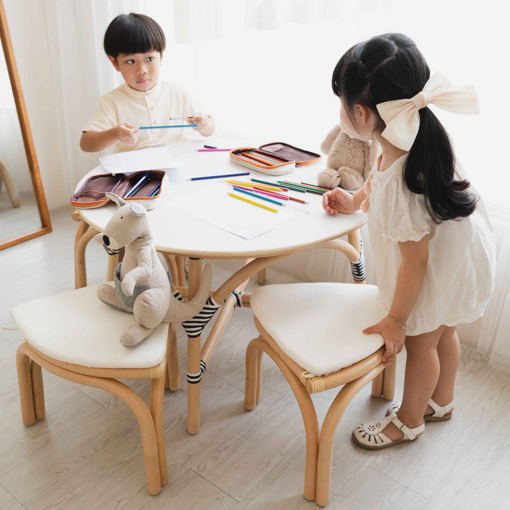 Rattan Table and Chairs​ | Aulia Kids Rattan Table with 4 Rattan Stools Set | Kids Drawing | MOMIJI 